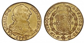 MONARQUÍA ESPAÑOLA
CARLOS III
4 Escudos. AV. Sevilla CF. 1774. 13,44 g. Cal.Falta. Calicó & Trigo 227. Ligerísima marca a la der. de la corona, por ...