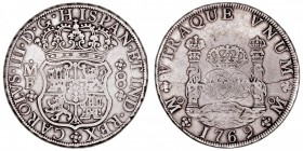 MONARQUÍA ESPAÑOLA
CARLOS III
8 Reales. AR. Méjico MF. 1769. Tipo columnario. 26,74 g. Cal.909. Cuño roto en rev., si no MBC