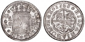 MONARQUÍA ESPAÑOLA
CARLOS III
2 Reales. AR. Madrid JP. 1761. 5,95 g. Cal.1291. Escasa así. MBC+