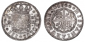 MONARQUÍA ESPAÑOLA
CARLOS III
2 Reales. AR. Madrid PJ. 1766. 5,89 g. Cal.1296. EBC