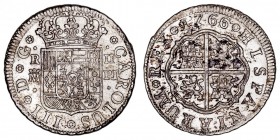 MONARQUÍA ESPAÑOLA
CARLOS III
2 Reales. AR. Madrid PJ. 1766. 5,88 g. Cal.1296. Manchitas, si no MBC+/MBC