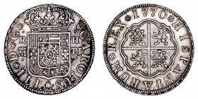 MONARQUÍA ESPAÑOLA
CARLOS III
2 Reales. AR. Madrid PJ. 1770. 5,92 g. Cal.1300. Mancha y tonalidad, si no MBC+/EBC