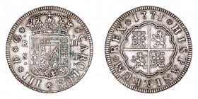 MONARQUÍA ESPAÑOLA
CARLOS III
2 Reales. AR. Sevilla CF. 1771. 5,83 g. Cal.1441. Ligeros puntitos de verdín en anv., si no MBC+