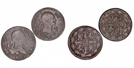MONARQUÍA ESPAÑOLA
CARLOS IV
Lote de 2 monedas. AE. 4 Maravedís 1792 y 1801 Segovia. BC+ a BC-