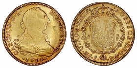 MONARQUÍA ESPAÑOLA
CARLOS IV
8 Escudos. AV. Santiago DA. 1799. 26,97 g. Cal.158. Cuño algo flojo en rev., si no EBC-. Conserva restos de brillo orig...