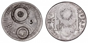 MONARQUÍA ESPAÑOLA
CARLOS IV
8 Reales. AR. Méjico FM. fnv. Con triple resello (Escocia). LEVERN · MILL · S·D· & CO. 4/9 (4 shillings y 9 pence), 5 d...