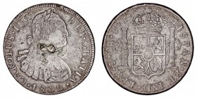 MONARQUÍA ESPAÑOLA
CARLOS IV
8 Reales. AR. Potosí PP. 1802. Cal.725. Resto de soldadura en anv., si no BC+