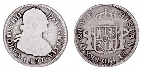 MONARQUÍA ESPAÑOLA
CARLOS IV
2 Reales. AR. Potosí PP. 1801. 6,32 g. Cal.1019. BC+
