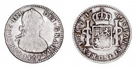 MONARQUÍA ESPAÑOLA
CARLOS IV
Real. AR. Potosí PJ. 1808. 3,31 g. Cal.1182. Rayita en anv., si no MBC-