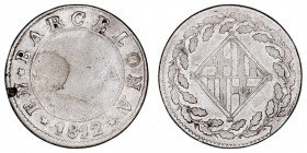MONARQUÍA ESPAÑOLA
JOSÉ I
Peseta. AR. Barcelona. 1812. 5,21 g. Cal.48. Cuño flojo en parte de anv., si no BC-/BC. Escasa