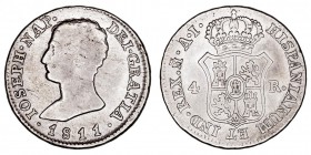 MONARQUÍA ESPAÑOLA
JOSÉ I
4 Reales. AR. Madrid AI. 1811. 5,81 g. Cal.55. Escasa. MBC-