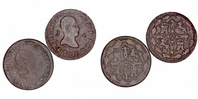 MONARQUÍA ESPAÑOLA
FERNANDO VII
Lote de 2 monedas. AE. 4 Maravedís 1816 y 1819 Jubia. BC+ a BC-