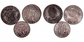 MONARQUÍA ESPAÑOLA
FERNANDO VII
Lote de 3 monedas. AE. 3 Quartos 1811 y 1813 Barcelona y Quarto y medio 1811. BC-