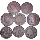 MONARQUÍA ESPAÑOLA
FERNANDO VII
Lote de 8 monedas. AE. 8 Maravedís 1815, 1816, 1817, 1818 (2), 1820, 1824 y 1825. BC+ a BC-