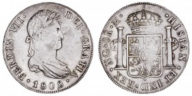 MONARQUÍA ESPAÑOLA
FERNANDO VII
8 Reales. AR. Guatemala M. 1808. Primer año de busto propio. 26,77 g. Cal.455. Ligera tonalidad en busto y vano de c...