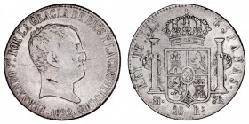 MONARQUÍA ESPAÑOLA
FERNANDO VII
20 Reales. AR. Madrid SR. 1822. 26,71 g. Cal.516. Marca en el cuello, si no MBC. Muy escasa