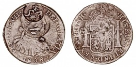 MONARQUÍA ESPAÑOLA
FERNANDO VII
8 Reales. AR. Méjico TH. 1808. Con doble resello Morelos y Chilpanzingo en anv. Fundida. 24,66 g. (KM.285,2 similar ...
