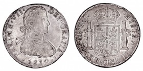 MONARQUÍA ESPAÑOLA
FERNANDO VII
8 Reales. AR. Méjico HJ. 1810. 26,92 g. Cal.541. Golpecitos en canto, si no MBC