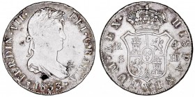 MONARQUÍA ESPAÑOLA
FERNANDO VII
4 Reales. AR. Sevilla JB. 1833. 13,32 g. Cal.821. Puntito de óxido sobre la fecha, si no MBC+/EBC-. Escasa así