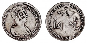 MONARQUÍA ESPAÑOLA
FERNANDO VII
4 Reales. AR. Valencia. 1823. Con resello parrilla (¿Cuba?) sobre el busto. 5,69 g. Cal.1061. Escasa. BC+