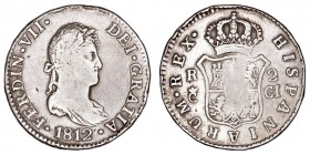 MONARQUÍA ESPAÑOLA
FERNANDO VII
2 Reales. AR. Cádiz CI. 1812. 5,83 g. Cal.838. Escasa. MBC-