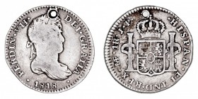 MONARQUÍA ESPAÑOLA
FERNANDO VII
Real. AR. Lima JP. 1818. 3,21 g. Cal.1137. Agujerito a las 12 h., si no MBC-