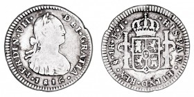 MONARQUÍA ESPAÑOLA
FERNANDO VII
Real. AR. Santiago FJ. 1816. 3,22 g. Cal.1224. Muy escasa. BC+/MBC-