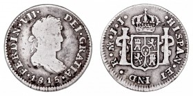 MONARQUÍA ESPAÑOLA
FERNANDO VII
1/2 Real. AR. Méjico JJ. 1815. 1,64 g. Cal.1347. Escasa. MBC-/MBC