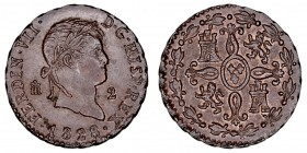 MONARQUÍA ESPAÑOLA
FERNANDO VII
2 Maravedís. AE. Segovia. 1828. 2,28 g. Cal.1728. Bella pieza. SC-