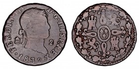 MONARQUÍA ESPAÑOLA
FERNANDO VII
2 Maravedís. AE. Segovia. 1832. Ley. FERDIN · IIV·. Cal.1734. Rayas en anv., si no BC. Escasa