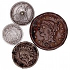 MONEDAS EXTRANJERAS
ESTADOS UNIDOS
Lote de 4 monedas. AE/AR. Dime 1871 (agujerito), 1/2 Dime 1872 (agujerito), Cent 1856 y (1864). Golpes y marcas. ...