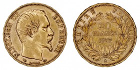 MONEDAS EXTRANJERAS
FRANCIA
Napoleón III. 20 Francos. AV. 1857 A. 6,44 g. KM.781,1. MBC+/EBC-