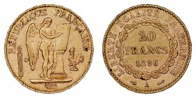 MONEDAS EXTRANJERAS
FRANCIA
20 Francos. AV. 1896 A. 6,44 g. KM.825. MBC+