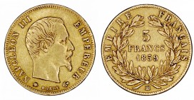 MONEDAS EXTRANJERAS
FRANCIA
Napoleón III. 5 Francos. AV. 1859 BB. 1,59 g. Gadoury 1001. MBC-