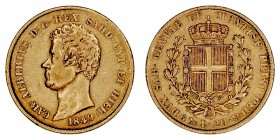 MONEDAS EXTRANJERAS
ITALIA
Carlos Alberto. 20 Liras. AV. Cerdeña. 1849 P. 6,41 g. C.115,1 (KM). Rayitas en anv. MBC-/MBC