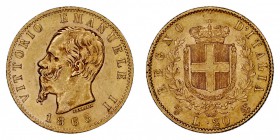 MONEDAS EXTRANJERAS
ITALIA
Víctor Manuel II. 20 Liras. AV. 1865 T BN. 6,45 g. KM.10,1. Conserva brillo original. EBC-/EBC