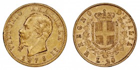 MONEDAS EXTRANJERAS
ITALIA
Víctor Manuel II. 20 Liras. AV. 1876 R. 6,42 g. KM.10,2. Marcas en listel. Conserva restos de brillo. EBC