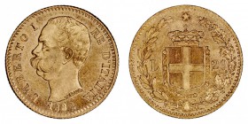 MONEDAS EXTRANJERAS
ITALIA
Umberto I. 20 Liras. AV. 1882 R. 6,44 g. KM.21. Conserva brillo original. EBC+