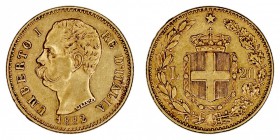 MONEDAS EXTRANJERAS
ITALIA
Umberto I. 20 Liras. AV. 1882 R. 6,45 g. KM.21. MBC