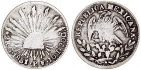 MONEDAS EXTRANJERAS
MÉJICO
2 Reales. AR. Guanajuato. 1851 PF. 6,53 g. KM.374,8. Algo sucia, si no MBC-