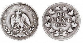MONEDAS EXTRANJERAS
MÉJICO
10 Centavos. AR. Méjico. 1864 M. 2,72 g. KM.386,1. Escasa. MBC-