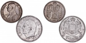 MONEDAS EXTRANJERAS
MÓNACO
Lote de 2 monedas. AE. Luis II. 5 Francos 1945 y 10 Francos 1946. EBC+ a MBC+