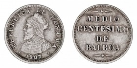 MONEDAS EXTRANJERAS
PANAMÁ
1/2 Centésimo de Balboa. Cuproníquel. 1907. KM.6. MBC-/MBC