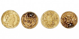MONEDAS EXTRANJERAS
PORTUGAL
Lote de 2 monedas. AV. Juan V. 1/2 Escudo 1730 y Cruzado novo 1734 (agujerito). BC