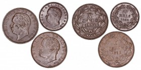 MONEDAS EXTRANJERAS
PORTUGAL
Luis I. Lote de 3 monedas. AE. 10 Reis 1882 y 1884, 5 Reis 1882. EBC a MBC-