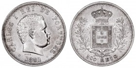 MONEDAS EXTRANJERAS
PORTUGAL
Carlos I. 500 Reis. AR. 1891. 12,47 g. KM.535. MBC+