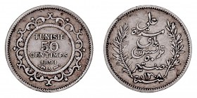 MONEDAS EXTRANJERAS
TÚNEZ
50 Céntimos. AR. 1891 A (1308 H.). 2,51 g. KM.223. MBC