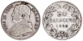 MONEDAS EXTRANJERAS
VATICANO
Pío IX. 20 Baiocchi. AR. 1860 R. Año XV. 5,69 g. KM.1360. Algo sucia, si no MBC
