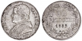 MONEDAS EXTRANJERAS
VATICANO
Pío IX. 20 Baiocchi. AR. 1865 R. Año XX. 5,37 g. KM.1360. Ligera pátina, si no EBC-
