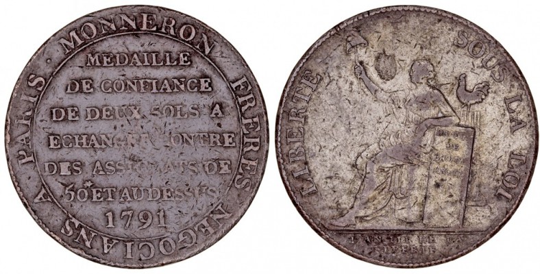 MEDALLAS
FRANCIA
AE-32. Monneron de 2 Sols 1791. MEDAILLE DE CONFIANCE DE DEUX...
